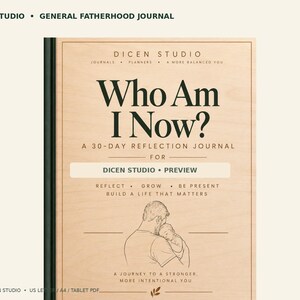 May include: A light wood-grain journal cover titled Who Am I Now? A 30-Day Reflection Journal for Dicen Studio. The cover features a black line drawing of a person holding a baby, with text including Reflect, Grow, Be Present, and Build a Life That Matters.
