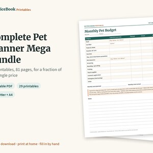 May include: A digital pet planner bundle featuring 29 printable PDF pages in US Letter and A4 sizes. The document includes a Monthly Pet Budget tracker with columns for category, planned, actual, and difference, plus a notes section.