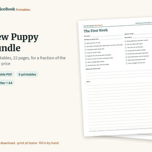 Puede incluir: Un conjunto imprimible New Puppy Bundle con 8 documentos y 22 páginas. El documento muestra una lista de verificación titulada The First Week con campos para el nombre, la especie y la raza de la mascota, además de casillas de verificación.
