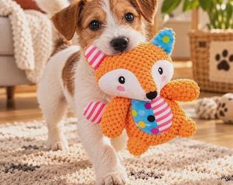 May include: A small brown and white dog holds a plush fox toy in its mouth. The fox toy features a textured orange body, white face, pink cheeks, and ears with blue and pink striped patterns. The toy has a blue belly with colorful polka dots.