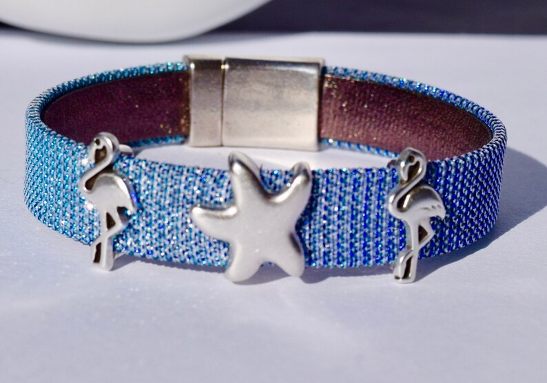 Periwinkle Iridescent Leather Anklet and Bracelet with Silver Flamingos /& Starfish