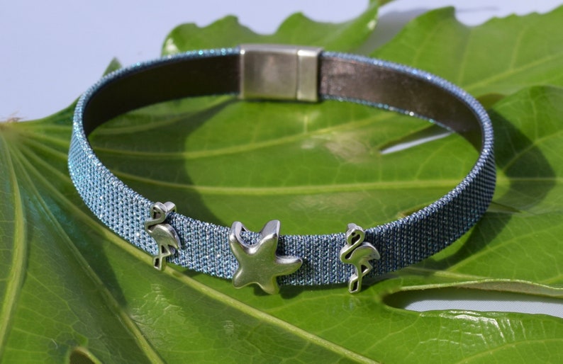 Periwinkle Iridescent Leather Anklet and Bracelet with Silver Flamingos /& Starfish