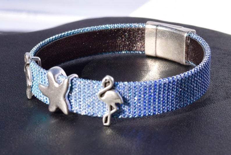 Periwinkle Iridescent Leather Anklet and Bracelet with Silver Flamingos /& Starfish