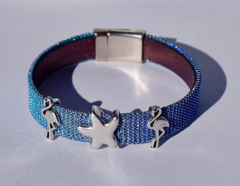 Periwinkle Iridescent Leather Anklet and Bracelet with Silver Flamingos /& Starfish