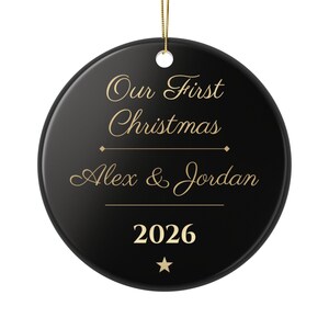 Our First Christmas Ornament 2026, Personalized Couple Names Ornament, Black and Gold Luxury Keepsake, Newlywed Gift