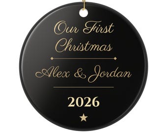 Our First Christmas Ornament 2026, Personalized Couple Names Ornament, Black and Gold Luxury Keepsake, Newlywed Gift