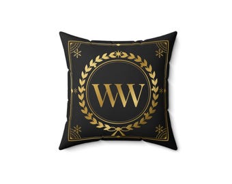 Black and Gold Christmas Pillow, Luxury Monogram Throw Pillow, Gold Laurel Crest Holiday Decor, Elegant Christmas Gift for Her