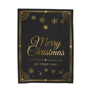 Black and Gold Christmas Blanket, Luxury Merry Christmas Throw, Velveteen Plush Holiday Blanket, Elegant Cozy Gift for Her imagen 1