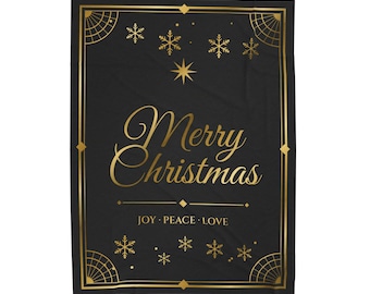 Black and Gold Christmas Blanket, Luxury Merry Christmas Throw, Velveteen Plush Holiday Blanket, Elegant Cozy Gift for Her