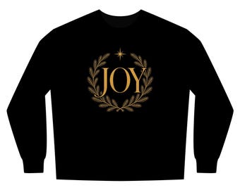 Black and Gold Christmas Sweatshirt, JOY Wreath Crewneck, Luxury Elegant Holiday Sweater, Minimalist Christmas Gift