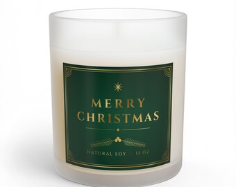 Emerald and Gold Christmas Candle, Luxury Frosted Glass Jar Soy Candle, Merry Christmas Holiday Decor, Elegant Hostess Gift