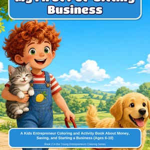 Puede incluir: Una portada de libro titulada My First Pet-Sitting Business que muestra a un niño de dibujos animados con cabello rojo rizado, peto de mezclilla azul y camiseta a rayas, sosteniendo un gatito atigrado gris mientras pasea a un golden retriever.