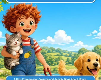 May include: A book cover titled My First Pet-Sitting Business featuring a cartoon child with curly red hair wearing blue denim overalls and a striped shirt, holding a gray tabby kitten while walking a golden retriever on a red leash.