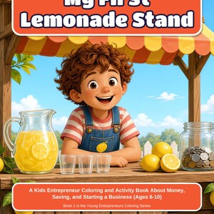 May include: A book cover titled My First Lemonade Stand by Wilde Wester. It features a cartoon child in denim overalls behind a wooden stand with a pitcher of lemonade, three empty glasses, lemons, and a jar of coins. Subtitle: A Kids Entrepreneur Coloring and Activity Book About Money, Saving, and Starting a Business (Ages 6-10).