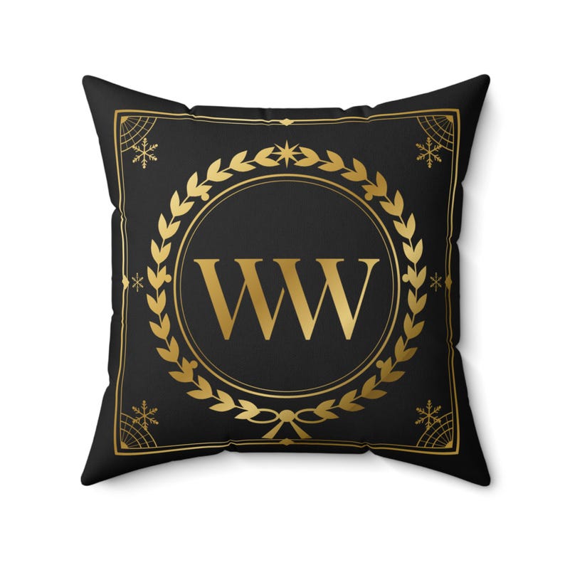 Black and Gold Christmas Pillow, Luxury Monogram Throw Pillow, Gold Laurel Crest Holiday Decor, Elegant Christmas Gift for Her 画像 4