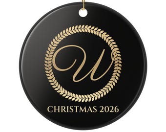 Personalized Monogram Ornament 2026, Black and Gold Initial Christmas Ornament, Luxury Ceramic Keepsake, Custom Gift