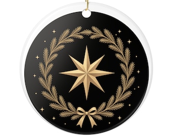 Black and Gold Christmas Ornament 2026, Gold Star Wreath Ceramic Ornament, Luxury Elegant Christmas Tree Decor Gift