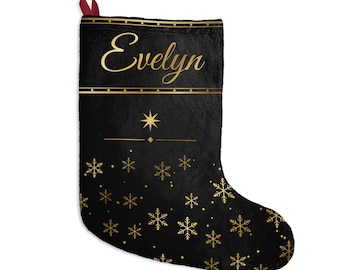 Personalized Black and Gold Christmas Stocking, Custom Name Luxury Stocking, Gold Script Name Holiday Stocking, Elegant Family Gift