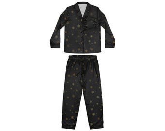 Pijama navideño negro y dorado, conjunto de pijama de satén para mujer, pijama de lujo navideño con copos de nieve dorados, conjunto de top y pantalón a juego.