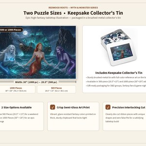 May include: A jigsaw puzzle featuring a fantasy illustration of three mermaids and a ghost ship at sea. The product includes a brushed-metal collector's tin with reference art. Available in 500 pieces (52.1 x 38.1 cm) or 1000 pieces (76.2 x 50.8 cm).