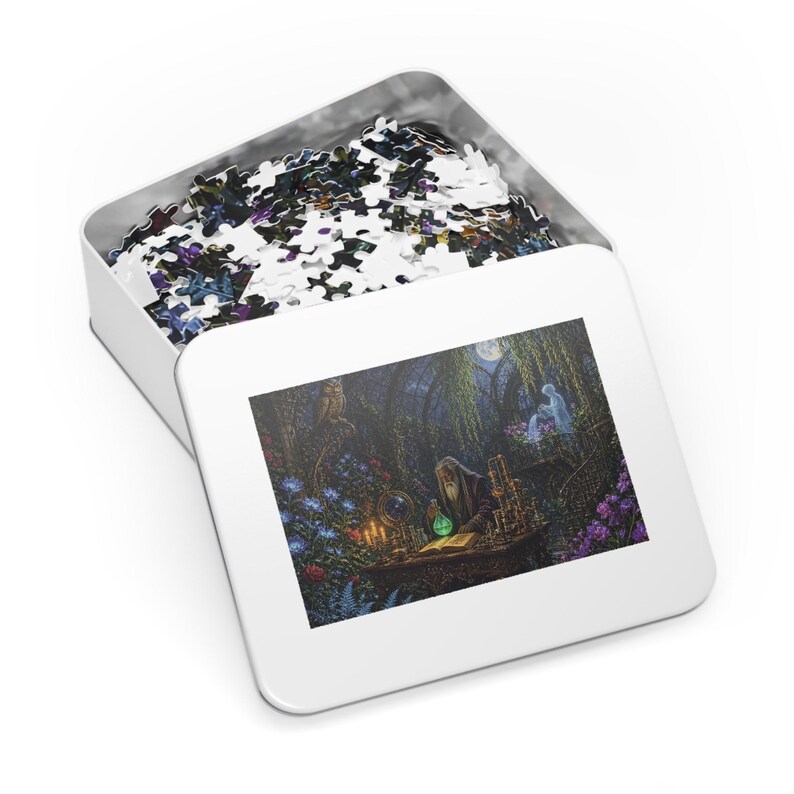 Haunted Alchemist Conservatory Gothic Fantasy Jigsaw Puzzle in Tin, 1000 or 500 Pieces, Gargoyles and Grimoires RPG Gift image 3