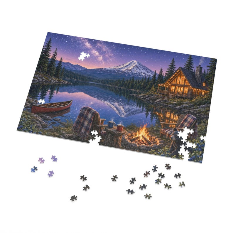 Cascade Mountain Stargazer A-Frame Cabin Jigsaw Puzzle in Gift Tin, 1000 or 500 Pieces, Pacific Northwest Lake Campfire Gift image 2