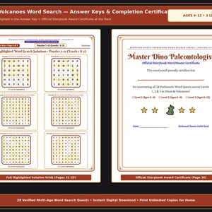 May include: A Dinos & Volcanoes word search document featuring answer keys for puzzles 7-12 and an official Master Dino Paleontologist award certificate. The pages include highlighted word search grids and a certificate with star icons and a green dinosaur graphic, designed for ages 4-12.
