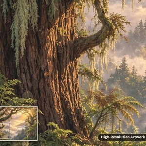 May include: A detailed digital painting of a textured, brown tree trunk covered in hanging moss, set against a misty forest landscape at sunrise. The scene includes lush green ferns in the foreground and a distant view of pine trees in fog.