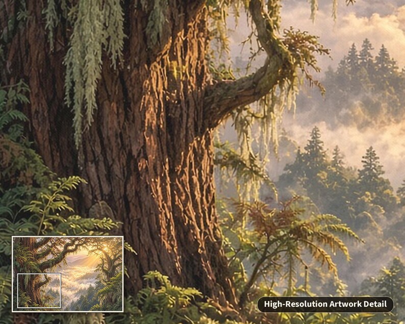 May include: A detailed digital painting of a textured, brown tree trunk covered in hanging moss, set against a misty forest landscape at sunrise. The scene includes lush green ferns in the foreground and a distant view of pine trees in fog.