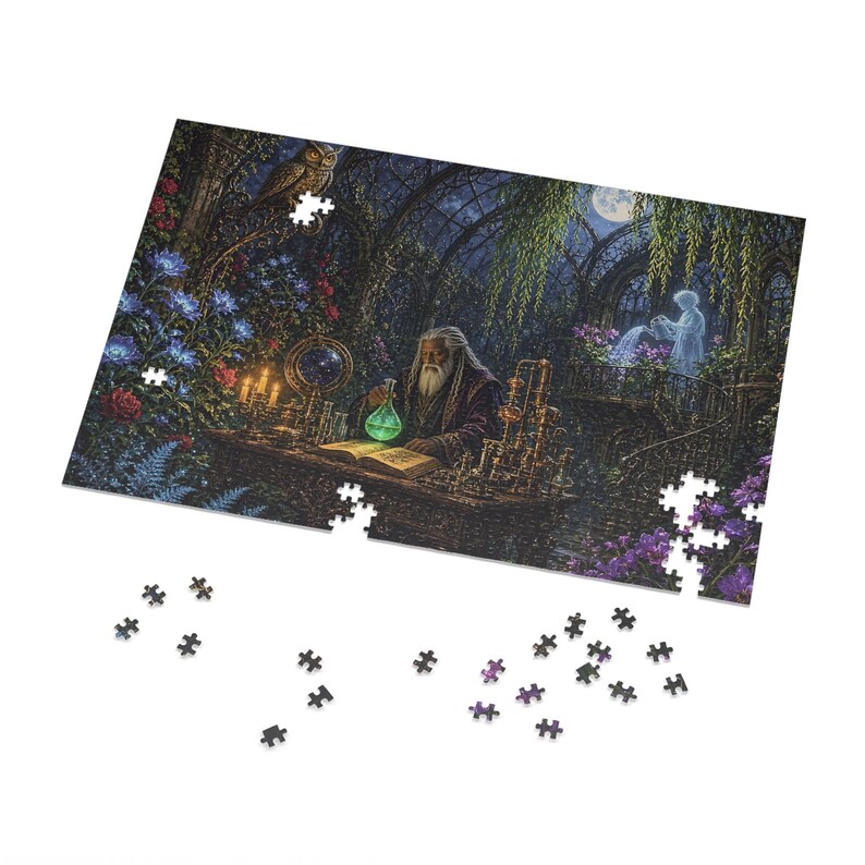 Haunted Alchemist Conservatory Gothic Fantasy Jigsaw Puzzle in Tin, 1000 or 500 Pieces, Gargoyles and Grimoires RPG Gift image 2
