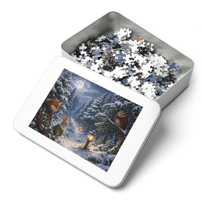 Cozy Cottage Seasons Moonlit Forest Path Jigsaw Puzzle, Fox and Owl Friends, Tin Box (252 Pieces) image 3
