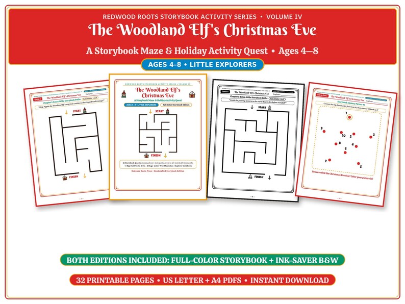 May include: Redwood Roots Storybook Activity Series Volume IV, The Woodland Elf's Christmas Eve, a storybook maze and holiday activity quest for ages 4-8. Includes 32 printable pages in both full-color and ink-saver black and white editions.