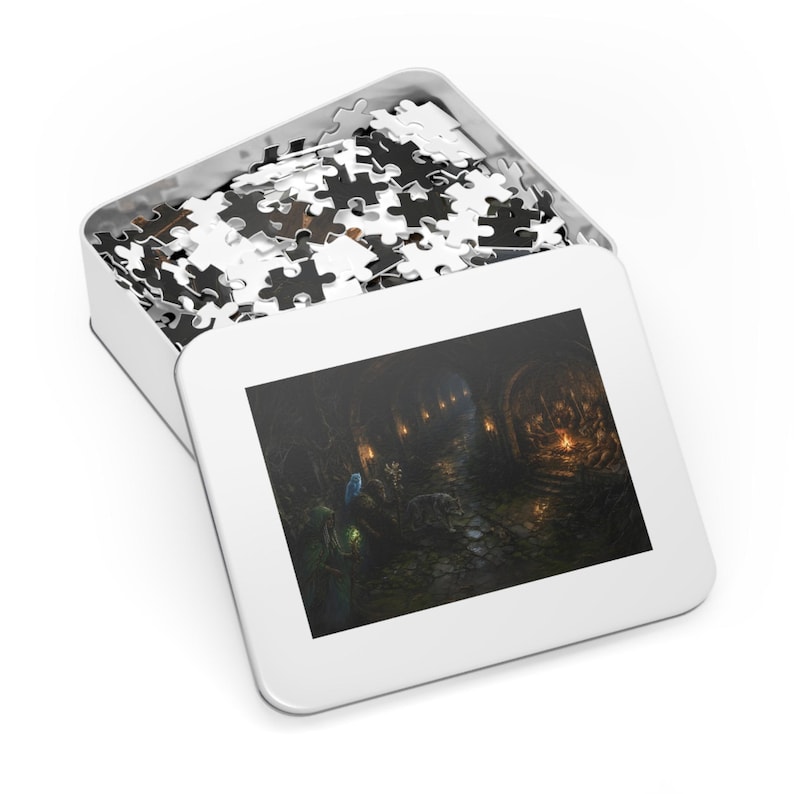 Druid Dungeon Fantasy Jigsaw Puzzle in Tin, 1000 or 500 Pieces, Wolf Companion Gnoll Lair Puzzle Gift image 6