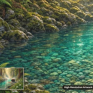 Pu&ograve; includere: Una stampa artistica dettagliata che mostra un ruscello turchese chiaro che scorre su ciottoli di fiume arrotondati. La riva &egrave; fiancheggiata da rocce coperte di muschio e felci verdi. Un riquadro mostra un orso in una foresta con il testo High-Resolution Artwork Detail.