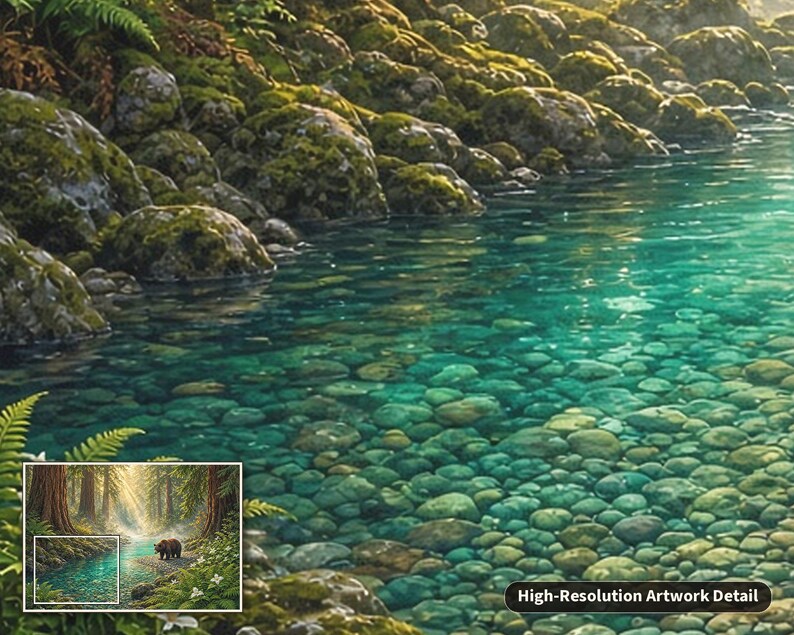 Pu&ograve; includere: Una stampa artistica dettagliata che mostra un ruscello turchese chiaro che scorre su ciottoli di fiume arrotondati. La riva &egrave; fiancheggiata da rocce coperte di muschio e felci verdi. Un riquadro mostra un orso in una foresta con il testo High-Resolution Artwork Detail.