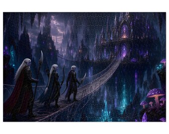 May include: A jigsaw puzzle depicting three elven figures in dark armor walking across a rope bridge toward a glowing purple castle. The scene features jagged rock formations, bioluminescent mushrooms, and a dark, atmospheric sky.