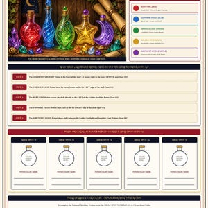 May include: A cooperative party table game sheet titled Potion of Birthday Wishes Riddle. It features five glowing potion vials in red, blue, green, gold, and purple, alongside five alchemist riddle clues, a shelf spot worksheet, and a final challenge section.