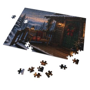 Cozy Cottage Seasons Cabin Porch Jigsaw Puzzle, Snowy Lake Evening, Tin Box (252 Pieces) afbeelding 2
