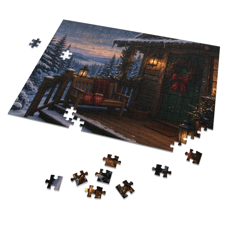 Cozy Cottage Seasons Cabin Porch Jigsaw Puzzle, Snowy Lake Evening, Tin Box (252 Pieces) afbeelding 2