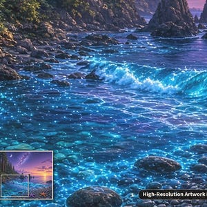 May include: A high-resolution artwork detail featuring a rocky shoreline at twilight. The water glows with bioluminescent blue light, creating a contrast against the dark stones. A small inset shows the full landscape with a starry sky.