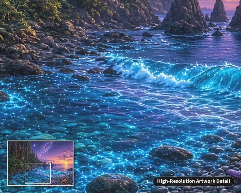 May include: A high-resolution artwork detail featuring a rocky shoreline at twilight. The water glows with bioluminescent blue light, creating a contrast against the dark stones. A small inset shows the full landscape with a starry sky.