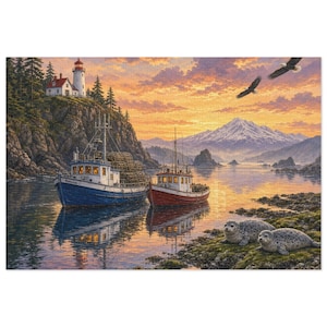 May include: A coastal landscape painting featuring a white lighthouse on a rocky cliff, a blue and a red fishing boat on calm water, two seals resting on a mossy shore, and two eagles flying against a sunset sky with distant mountains.