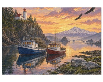 May include: A coastal landscape painting featuring a white lighthouse on a rocky cliff, a blue and a red fishing boat on calm water, two seals resting on a mossy shore, and two eagles flying against a sunset sky with distant mountains.