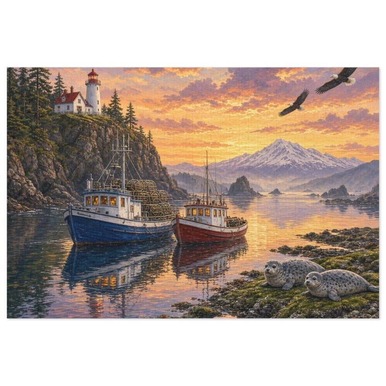 Pacific Northwest Coastal Fishing Boats and Lighthouse at Golden Hour Jigsaw Puzzle in Collector's Tin (500 and 1000 Piece) - Redwood Roots image 1