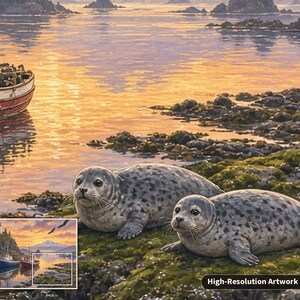 May include: A detailed painting of two spotted grey seals resting on a mossy, rocky shoreline. In the background, a red and white fishing boat floats on calm water reflecting a golden sunset. A small inset shows the full landscape scene.