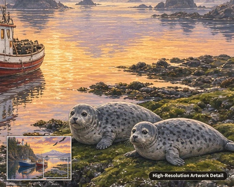 May include: A detailed painting of two spotted grey seals resting on a mossy, rocky shoreline. In the background, a red and white fishing boat floats on calm water reflecting a golden sunset. A small inset shows the full landscape scene.