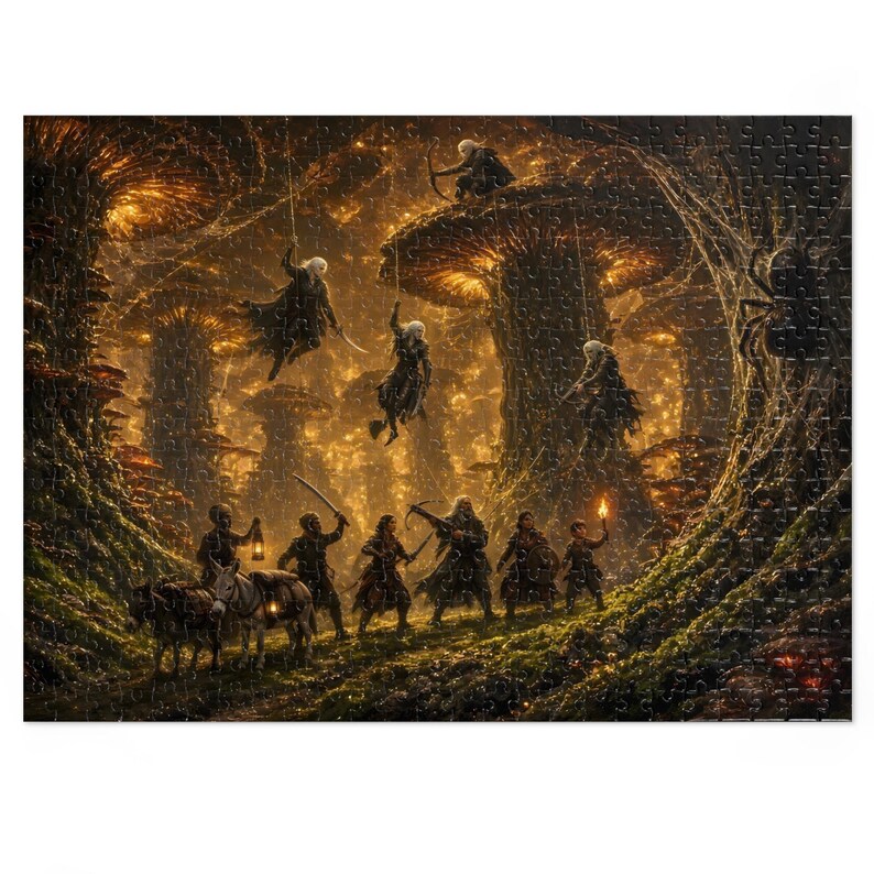 Dark Elf Ambush Fantasy Jigsaw Puzzle in Tin, 1000 or 500 Pieces, Giant Mushroom Forest Spider Puzzle Gift afbeelding 4