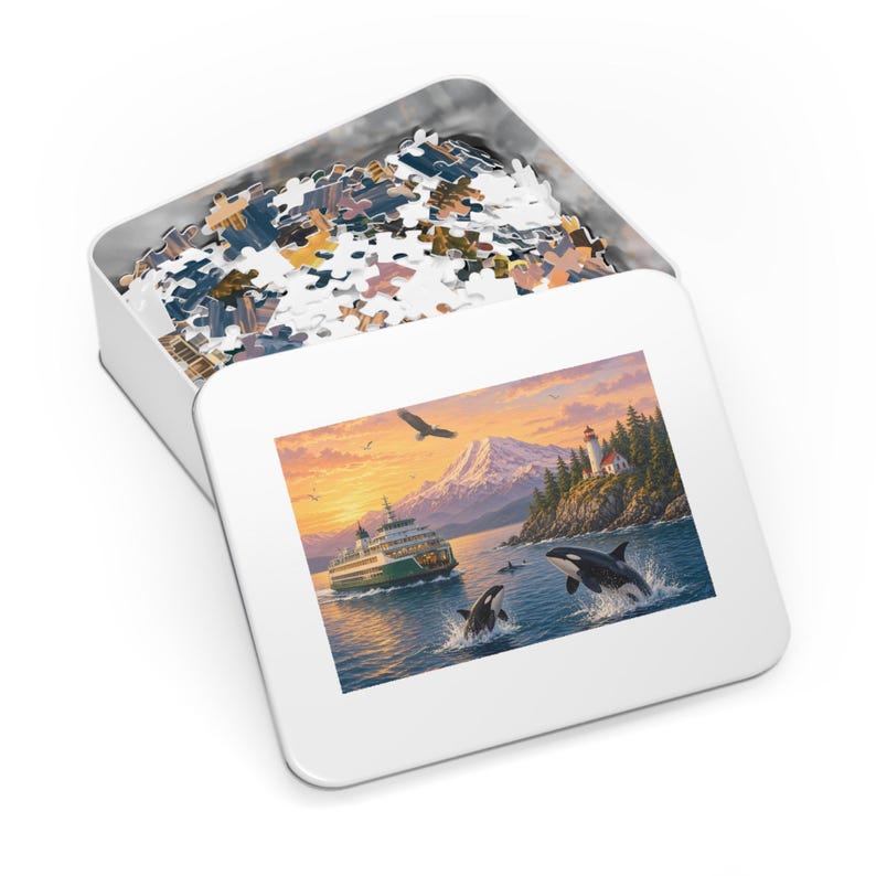 Puget Sound Sunset Ferry and Orca Whales Jigsaw Puzzle - 500 or 1000 Piece Mount Rainier Collector Tin Gift image 3