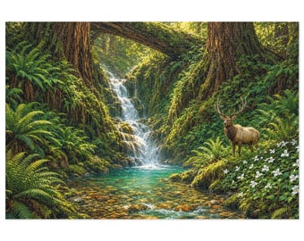 May include: A wall art print depicting a lush forest scene with a cascading waterfall flowing into a clear rocky stream. A large elk with antlers stands on the mossy bank near white flowers, framed by towering trees and vibrant green ferns.