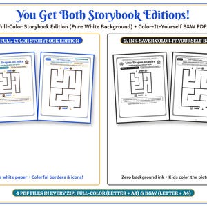 May include: A digital product set titled You Get Both Storybook Editions featuring two full-color maze activity pages and two black and white ink-saver maze pages. The documents include the text Little Dragons & Castles and 4 PDF files.